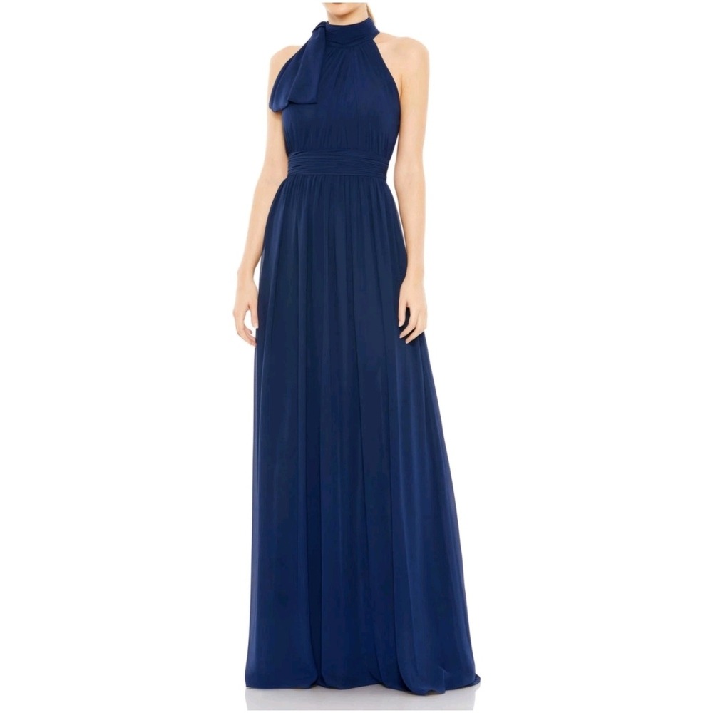 IEENA for Mac Duggal Size 10 Navy Blue Halter Bow Chiffon Maxi Gown Dress 25441i